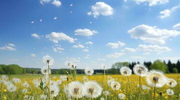 Field with dandelions and blue sky, Generative AI photo