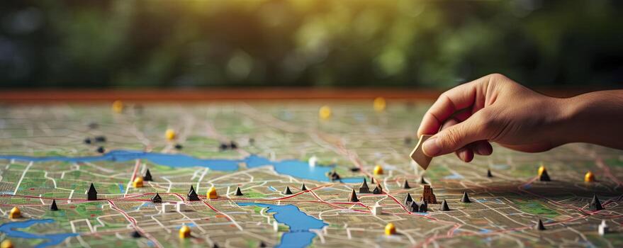 Find your way. Location marking with a pin on a map with routes. Adventure, discovery, navigation, communication, logistics, geography, transport and travel theme concept background, Generative AI photo