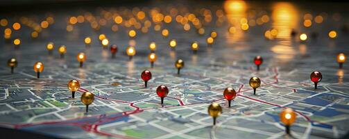 Find your way. Location marking with a pin on a map with routes. Adventure, discovery, navigation, communication, logistics, geography, transport and travel theme concept background, Generative AI photo