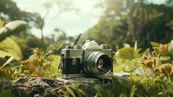 film camera with nature background, copy space, Generative AI photo