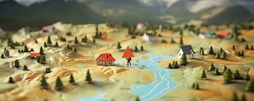 Find your way. Location marking with a pin on a map with routes. Adventure, discovery, navigation, communication, logistics, geography, transport and travel theme concept background, Generative AI photo