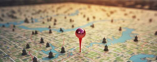 Find your way. Location marking with a pin on a map with routes. Adventure, discovery, navigation, communication, logistics, geography, transport and travel theme concept background, Generative AI photo