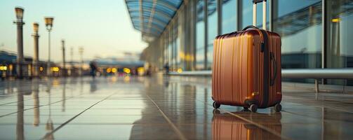 Suitcases in airport, background window, blur outside is runway, copy space, Generative AI photo