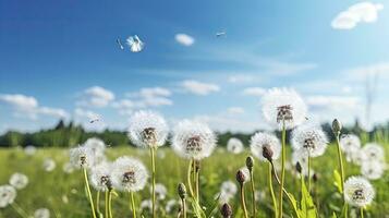 Field with dandelions and blue sky, Generative AI photo