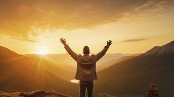 Positive man celebrating with arms raised up at Mountain landscape at sunset, Generative AI photo