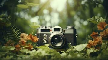 film camera with nature background, copy space, Generative AI photo