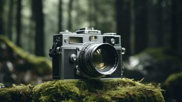 film camera with nature background, copy space, Generative AI photo