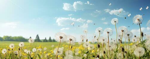 Field with dandelions and blue sky, Generative AI photo