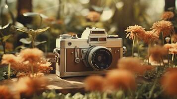 film camera with nature background, copy space, Generative AI photo