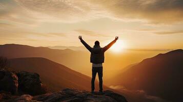 Positive man celebrating with arms raised up at Mountain landscape at sunset, Generative AI photo