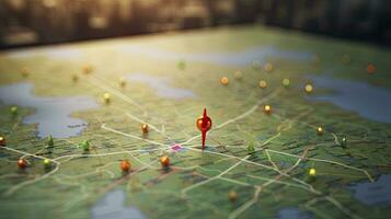 Find your way. Location marking with a pin on a map with routes. Adventure, discovery, navigation, communication, logistics, geography, transport and travel theme concept background, Generative AI photo