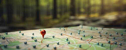 Find your way. Location marking with a pin on a map with routes. Adventure, discovery, navigation, communication, logistics, geography, transport and travel theme concept background, Generative AI photo