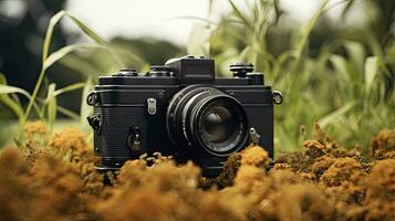 film camera with nature background, copy space, Generative AI photo