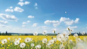 Field with dandelions and blue sky, Generative AI photo