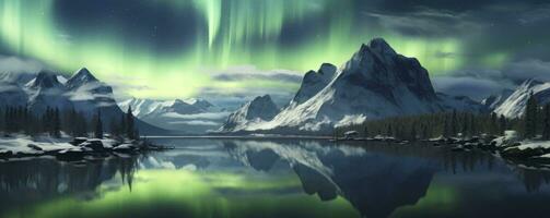 Aurora borealis, Green northern lights above mountains. Night sky with polar lights, Generative AI photo