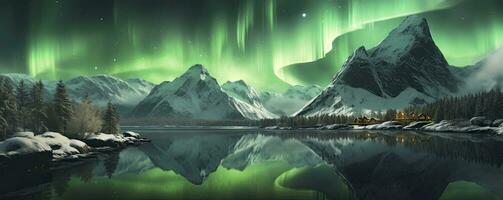 Aurora borealis, Green northern lights above mountains. Night sky with polar lights, Generative AI photo