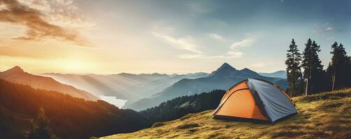tent at Mountain landscape at sunset, Generative AI photo