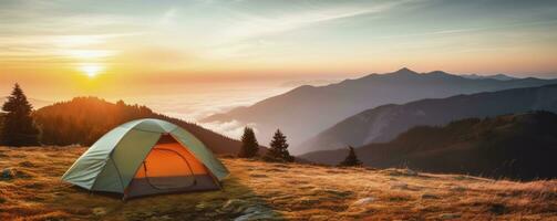 tent at Mountain landscape at sunset, Generative AI photo