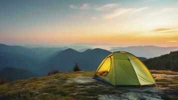 tent at Mountain landscape at sunset, Generative AI photo