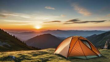 tent at Mountain landscape at sunset, Generative AI photo