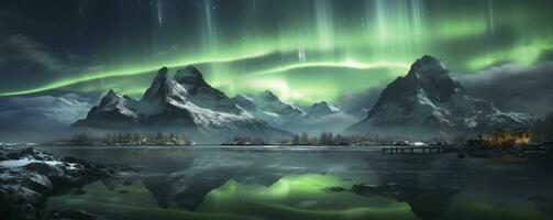 Aurora borealis, Green northern lights above mountains. Night sky with polar lights, Generative AI photo