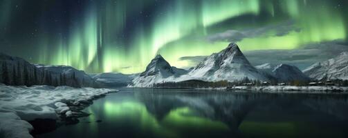Aurora borealis, Green northern lights above mountains. Night sky with polar lights, Generative AI photo