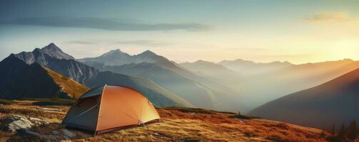 tent at Mountain landscape at sunset, Generative AI photo