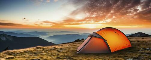 tent at Mountain landscape at sunset, Generative AI photo