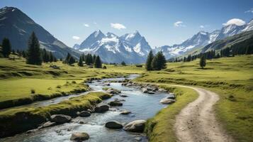 Idyllic mountain landscape in the Alps with blooming meadows in springtime, morning light, copy space, Generative AI photo