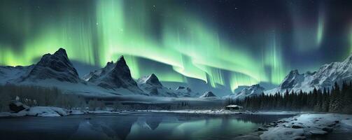 Aurora borealis, Green northern lights above mountains. Night sky with polar lights, Generative AI photo