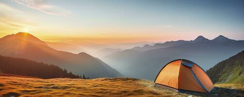 tent at Mountain landscape at sunset, Generative AI photo