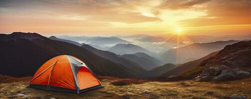 tent at Mountain landscape at sunset, Generative AI photo