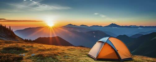 tent at Mountain landscape at sunset, Generative AI photo