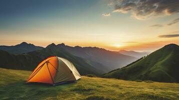 tienda a montaña paisaje a atardecer, generativo ai foto