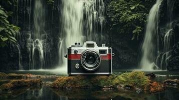 film camera with nature background, copy space, Generative AI photo