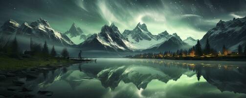 Aurora borealis, Green northern lights above mountains. Night sky with polar lights, Generative AI photo