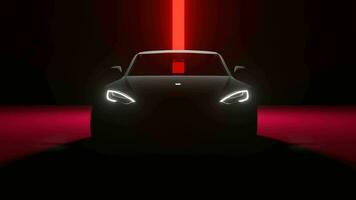 3d prestados súper coche cinematográfico frente ver en oscuro con rojo fondo, rojo deporte coche faros parpadeo en oscuro con negro y rojo fondo, Clásico súper coche frente ver video