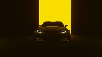 3d prestados súper coche cinematográfico ver en oscuro con amarillo fondo, amarillo deporte coche faros parpadeo en oscuro con negro y amarillo fondo, Clásico súper coche frente ver video