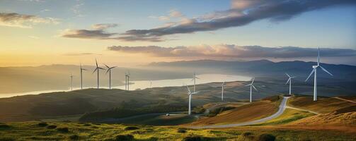 Environmentally of photovoltaic power plant and wind turbine farm situated by landfill.Solar panels farm built on a waste dump and wind turbine farm. Renewable energy source, Generative AI photo