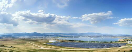 Environmentally of photovoltaic power plant and wind turbine farm situated by landfill.Solar panels farm built on a waste dump and wind turbine farm. Renewable energy source, Generative AI photo