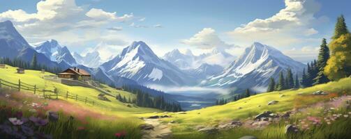 Idyllic mountain landscape in the Alps with blooming meadows in springtime, morning light, copy space, Generative AI photo