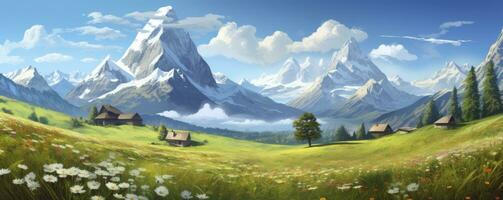 Idyllic mountain landscape in the Alps with blooming meadows in springtime, morning light, copy space, Generative AI photo