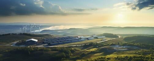 Environmentally of photovoltaic power plant and wind turbine farm situated by landfill.Solar panels farm built on a waste dump and wind turbine farm. Renewable energy source, Generative AI photo