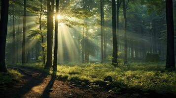 green forest trees with sun ray background, Generative AI photo