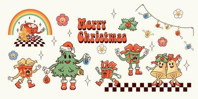 Merry Christmas. A set of retro characters in a cartoon style groovy. Atmosphere of the 60's and 70's. Y2K. Merry Christmas and Happy New Year. Vector illustration