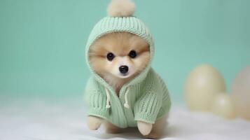 AI generated Cute puppy in fashionable clothes. Concept of animal clothing or fashion or ad. photo