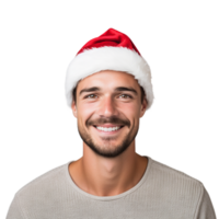 AI generated portrait of happy pretty young boy in charismas cap and dress on transparent background PNG image