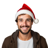 AI generated portrait of happy pretty young boy in charismas cap and dress on transparent background PNG image