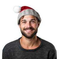 AI generated portrait of happy pretty young boy in charismas cap and dress on transparent background PNG image