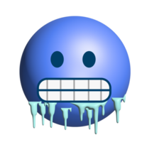 The gradient blue cold, freezing face 3D icon with gritted teeth, icicles clinging to cheeks and jaw png